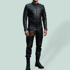 Men  s Genuine Lambskin Leather Suit One-Piece Jumpsuit Biker Motorcycle Black