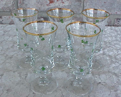Vintage Shamrock Shot Glasses Cordials (5) Gold Band Irish Whiskey Barware 2 oz.