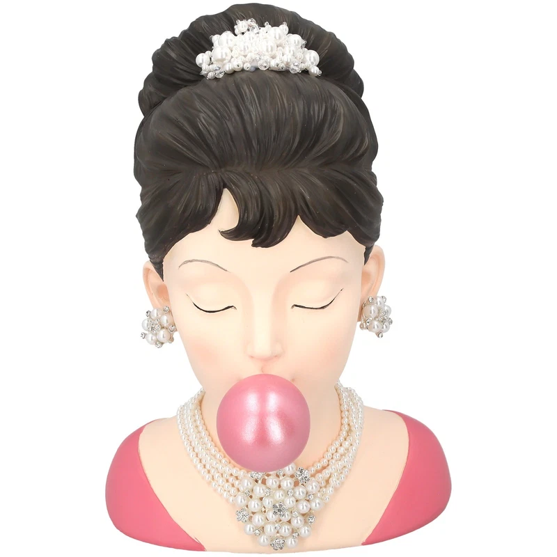 Busto Donna Bubble Gum Statua Decorativa Resina Colorata Pop Moderno H 30 cm