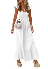 Womens 2026 Summer Casual Maxi Dresses Cap Sleeve V Neck Smocked Long Pockets...