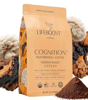 Lifeboost Coffee Cognition Mushrooms Organic W/Lion's Mane & Chaga Low Acid 12oz