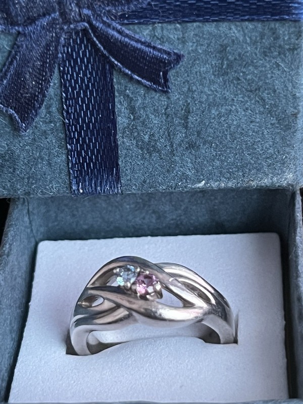 925 Sterling Silver  2 Stone Mother’s Ring  Aquamarine & Pink Tourmaline Size 6