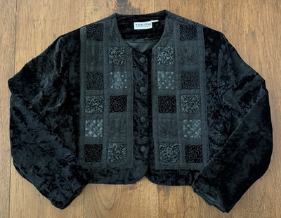VTG 90s Tokito Cropped Black Velvet Patchwork Jacket Sz 10 Embroidered Beaded