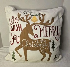 Levtex Holiday Pillow with Reindeer and Script Embroidery
