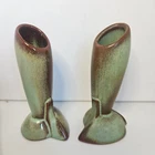 VTG Frankoma Prairie Green Rocket Art Deco Ada Clay Bud Vases Set of 2 H-4.25in