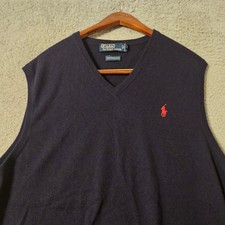Polo Ralph Lauren Mens XL Navy Blue 100 Merino Wool V-Neck Sweater Vest Pony