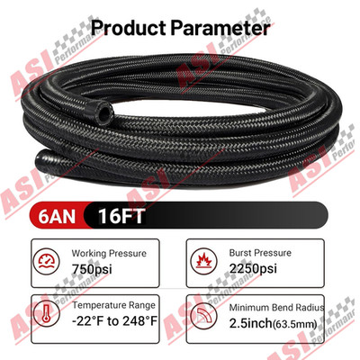 NEW 16FT 6AN Fuel Line Braided Fuel Hose Nylon CPE  AN 6 Black US