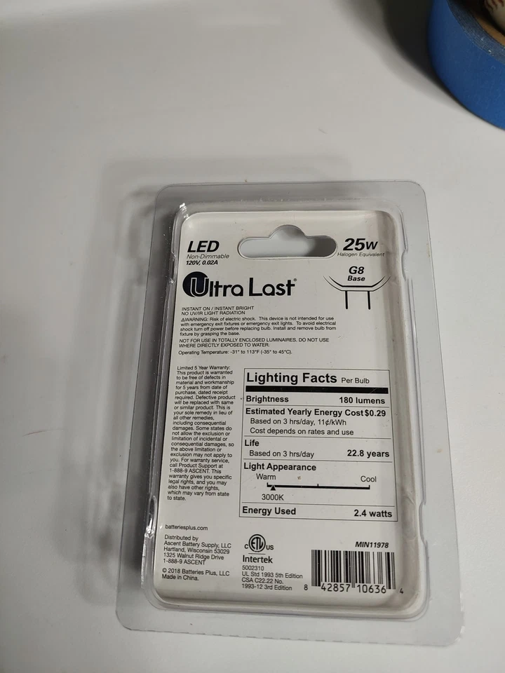 Intertek Ultra Last 25w equivalent G8 base LED 2-pack bulb 3000K NEW - Image 3 of 4