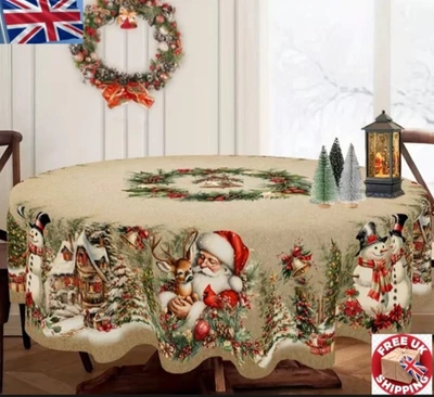 Vintage Christmas Tablecloth Santa Snowman Table Cover Festive Decor Xmas