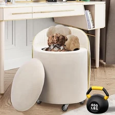 Round Storage Ottoman, Upholstered Velvet Vanity Stool with Lumbar Support, S...