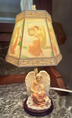 Vintage Resin Angel Lamp 6 Panel Decorated Lithophane Shade Night Light Boudoir 