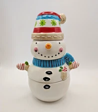Pier 1 Imports Hand Painted Ceramic Snowman Stackable Measuring Cup Set READ
