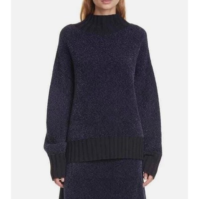 NEW Tory Burch Oversized Lurex Sweater in Navy Mock Neck Turtleneck Size XL