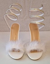 White Faux Fur Stiletto Sandals, Feather Straps, Spiral Rhinestone Ankle Wraps.