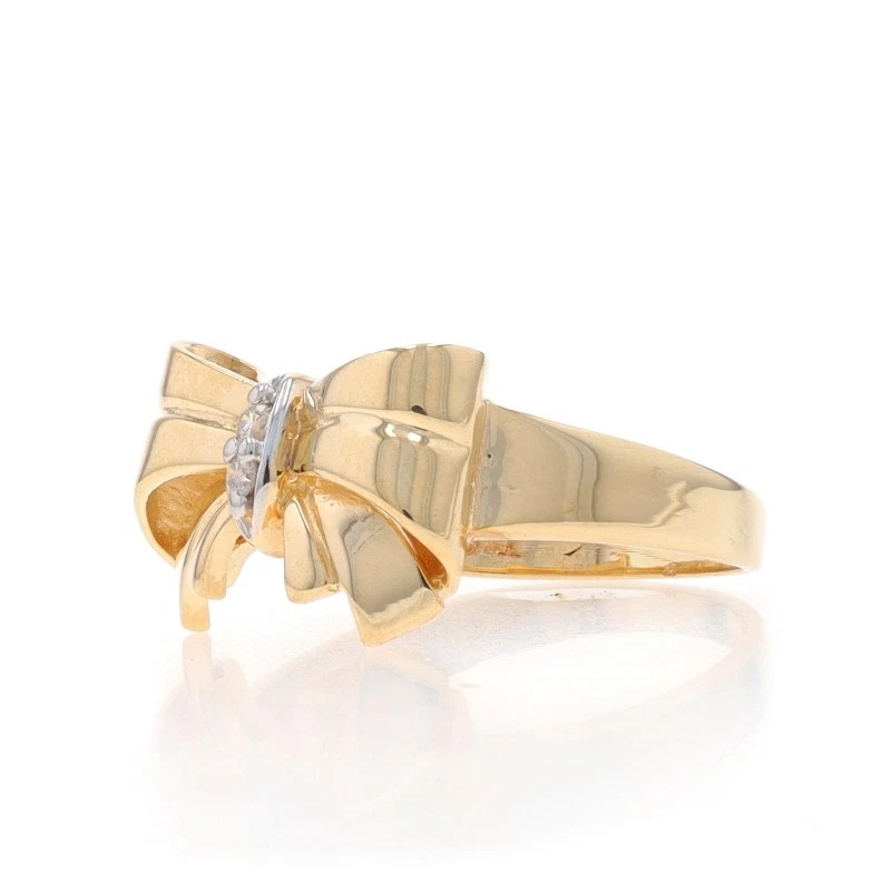 Yellow Gold Diamond Vintage Bow Ring - 10k Round Brilliant Tied Ribbon Two-Stone - Image 3 of 4