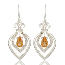 Citrine Topaz 925 Silver Fleur De Lis Symbol Gemstone Dangle Earrings Jewelry