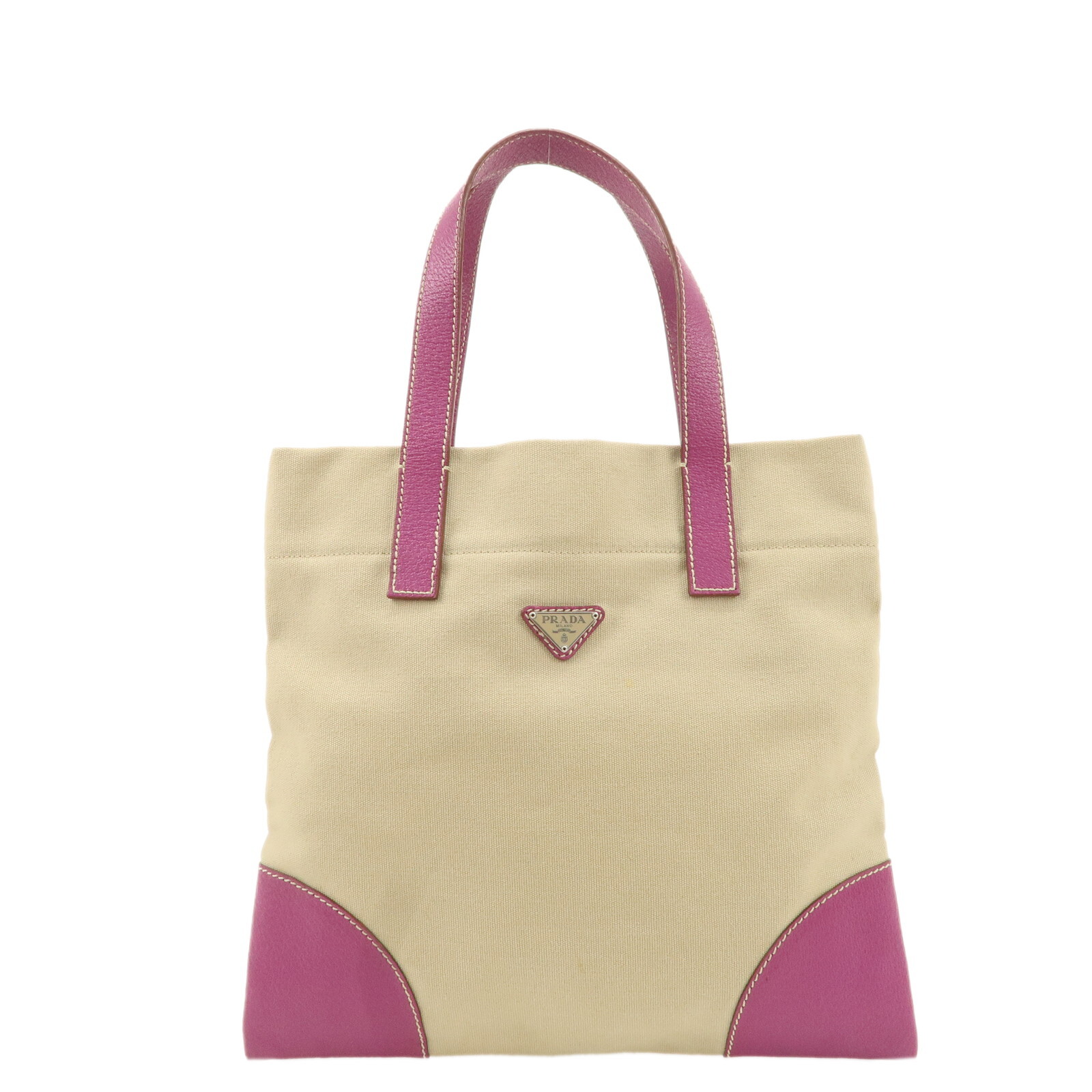 PRADA Logo Hand Bag Tote Beige Purple Canvas Leather BN0686 Auth Used