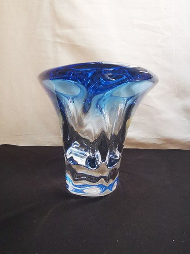 VINTAGE VAL SAINT LAMBERT LARGE BOWL, CENTERPIECE, CRYSTAL GLASS BLUE & CLEAR - Picture 9 of 23