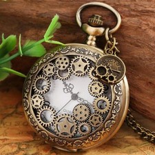 Retro Hollow Out Gear Cover Unisex Quartz Pocket Watches Necklace Pendant Chain