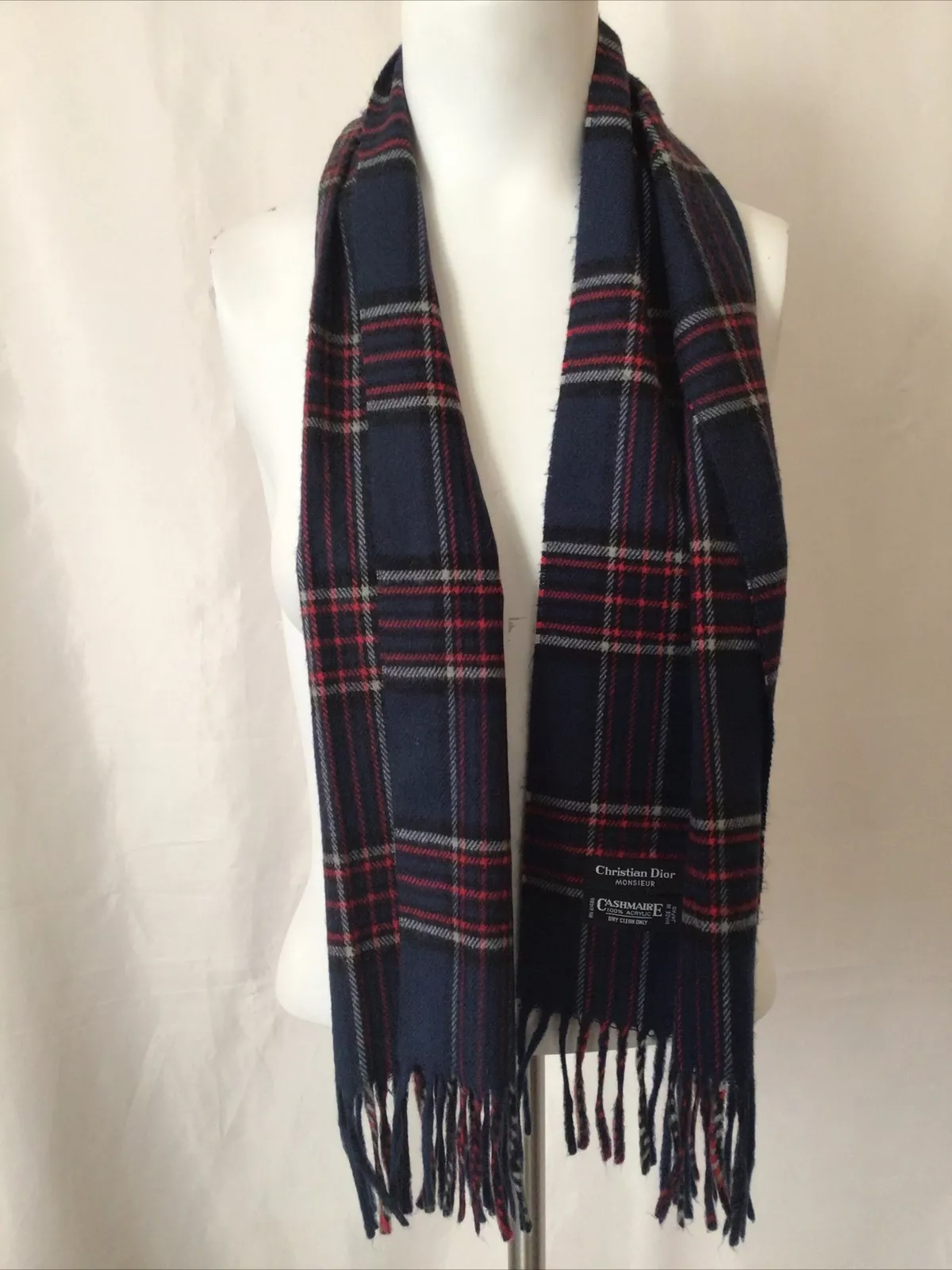 Foulard unisexe à carreaux franges marine Christian Dior Monsieur Cashmaire