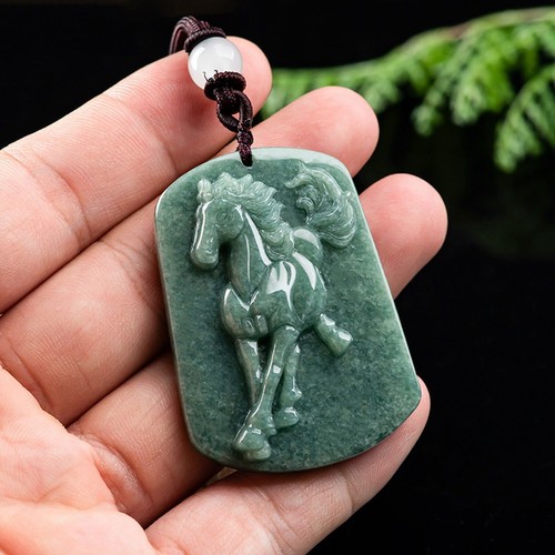 Natural Grade A Jade Jadeite Men Women Lucky Green Zodiac Horse Oblong Pendant - Picture 5 of 6