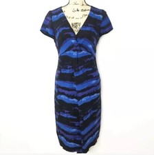 Tory Burch Silk Dress 2 Blue Black Abstract Striped Watercolor Twist Front A-Lin