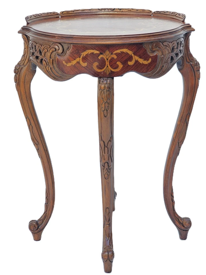 Lámpara lateral francesa vintage tallada en nogal mesa incrustación floral y patas descapotables años 30 Foto 4 de 4