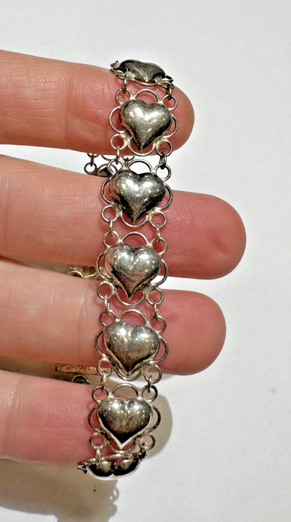 Bracelet Tennis Argent Sterling 925 Cœur Filigrane - Fait Main Rétro