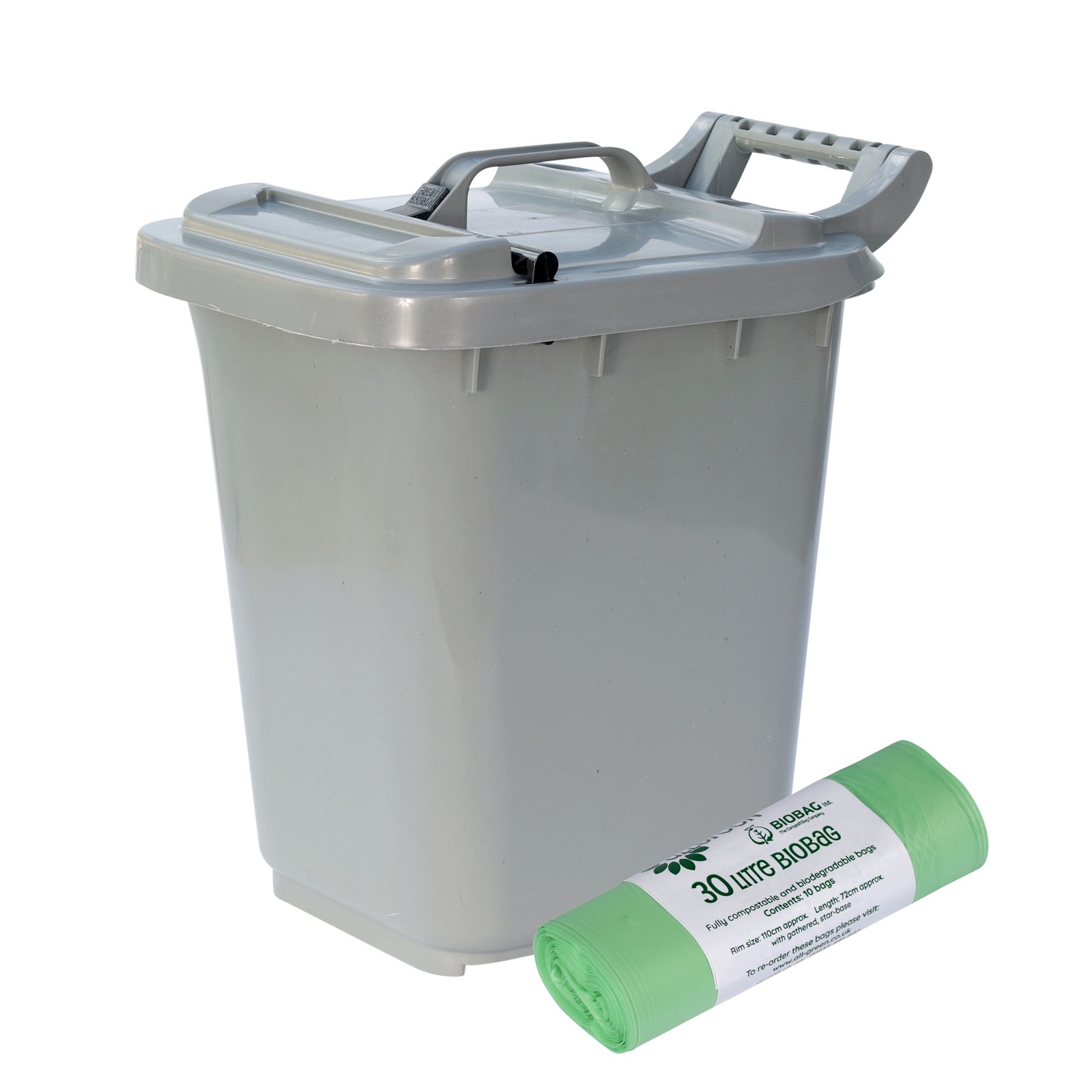 23 Litre Silver Grey Kerbside Locking Lid Compost Caddy&10x30L Compostable Bags