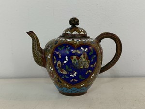 Antique Chinese Cloisonne Qing / Republic Miniature Teapot Butterfly Decoration