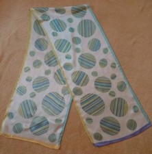 Vintage "silk" scarf, 11" x 56", geometric print,white w/ yellow, blue, lavender