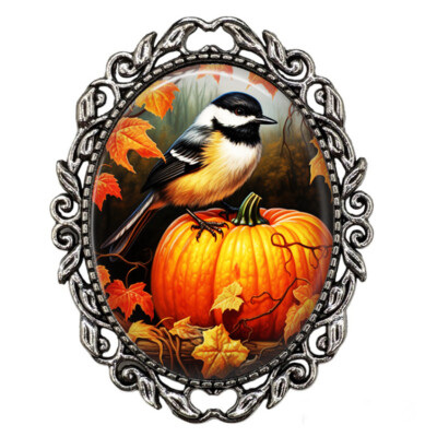 Autumn Chickadee Brooch Pin Bird Fall Leaves Pumpkins Artisan Autumn Jewelry