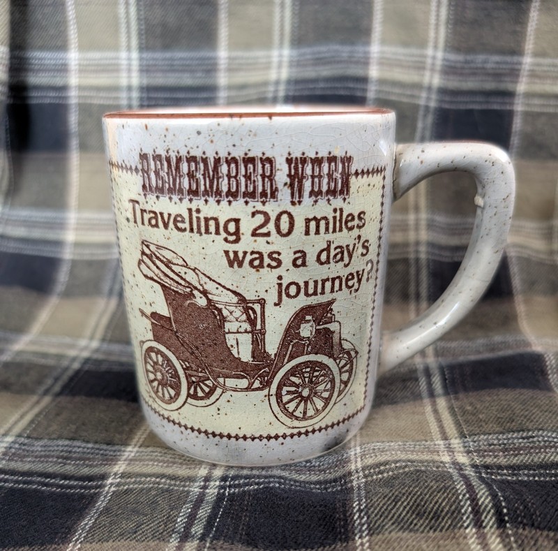 Vintage 70's Coffee Mug "Remember When- Traveling 20 Miles " Speckled Gray/Brown