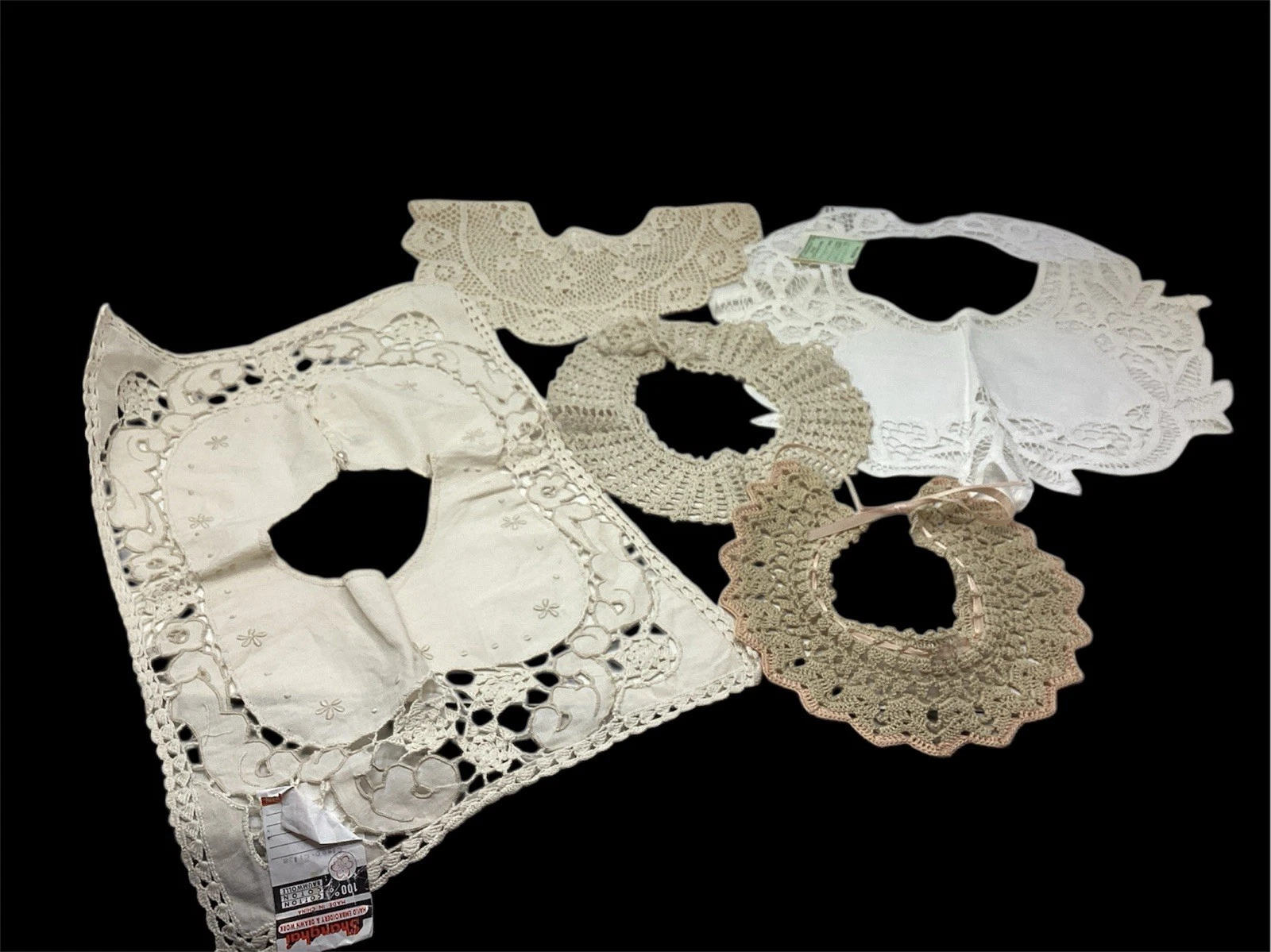 (5) Vtg Handmade Embroidered/ Crochet Collars Floral Ecru Retro Prairie