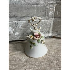 Vintage White Porcelain Bell with 3D Pink Flowers Gold Trim