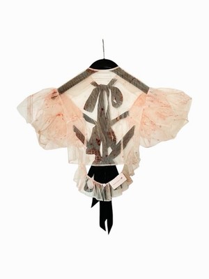 Simone Rocha H&M Sheer Pink Puff-Sleeve Tulle Top with Black Ribbon Detail S