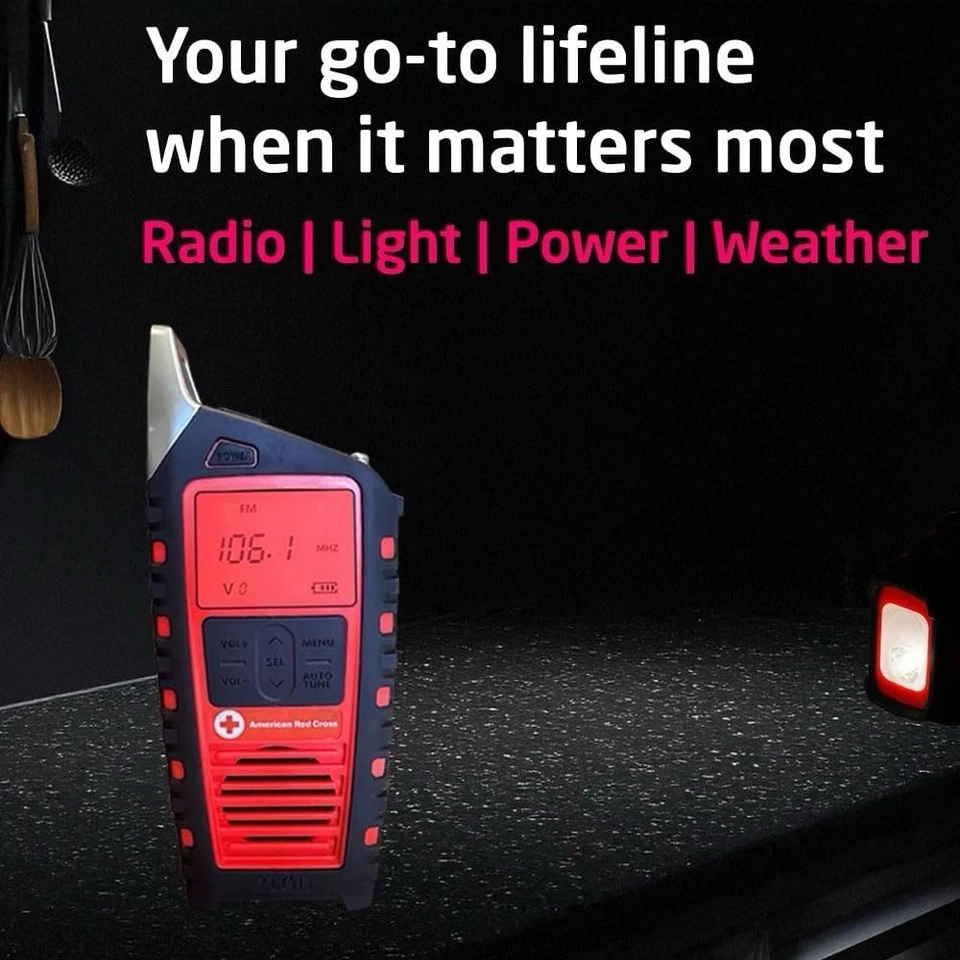 Eton Odyssey Hand Crank Emergency Radio, Solar, NOAA, Bluetooth, Flashlight, Red - Image 4 of 4