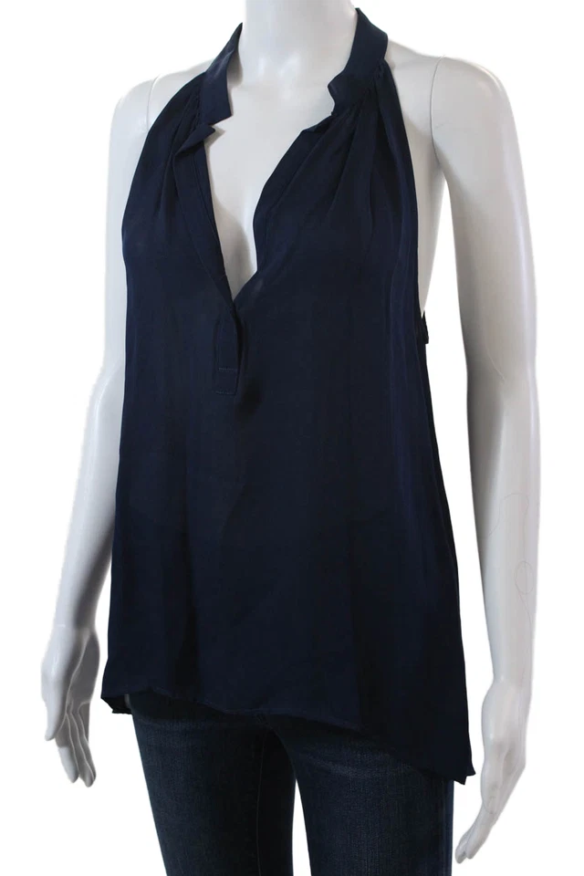 Top drapeado de seda Artelier Nicole Miller para mujer sin mangas cuello en V azul marino talla pequeña Foto 2 de 4