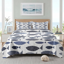Queen Quilt Set, 3 Pieces Coastal Fish Bedding, Bedspread Ocean Nautical Lake