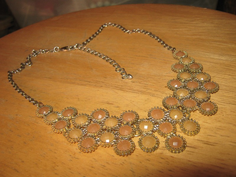 Tan Peach Bead Bib Chain Necklace Gold Tone