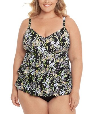 Swim Solutions Floral Stretch Full Bust Support Ruffled One Piece Multi Size 18W