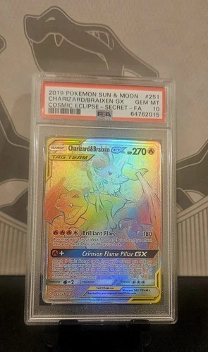 2019 POKEMON CHARIZARD & BRAIXEN GX  FULL ART  # 251 COSMIC ECLIPSE  PSA 10 GM