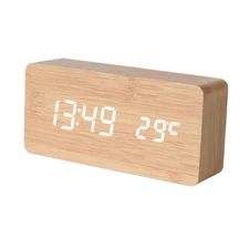 Wireless Wooden Digital Alarm Clock Temperature Display Sound Control Home Decor