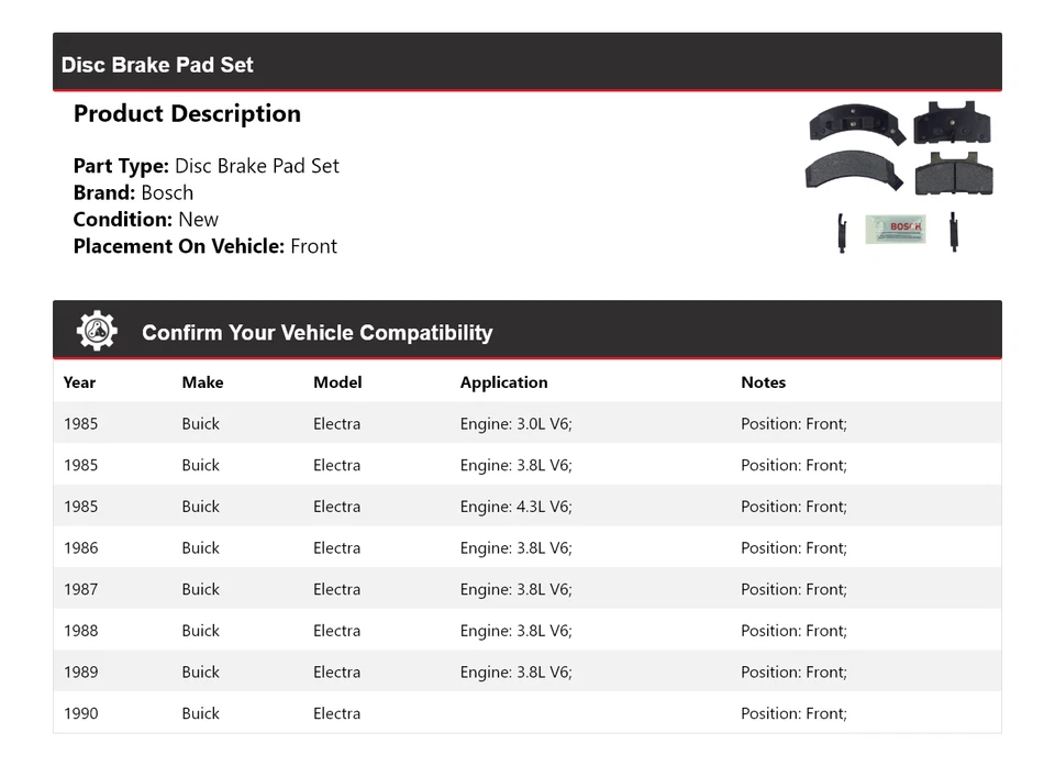 Полуметаллические тормозные колодки с передним жестким диском для Buick Electra Bosch 1985-1990 годов выпуска 1986 - Изображение 2 из 4