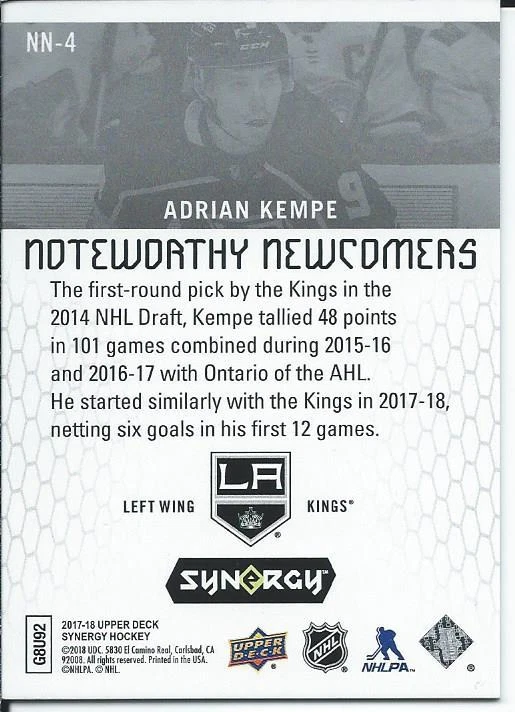 2017-18 Upper Deck Synergy ADRIAN KEMPE Noteworthy Newcomers #NN-4 Rookie - Image 2 of 2