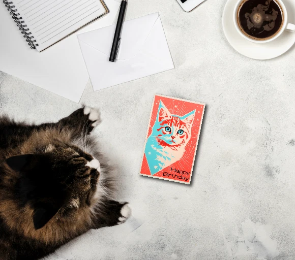 Tarjeta de felicitación Gato amante feliz cumpleaños blanco azul rojo estrella  Foto 2 de 2