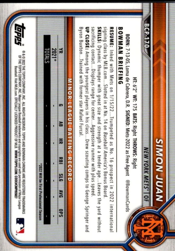 2022 Bowman Chrome Prospects Simon Juan New York Mets #BCP-170 - Image 2 of 2