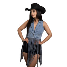 Rock & Roll Denim Ladies Long Fringe Light Wash Denim Vest Bw98d02274