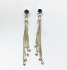Modern Retro Blue Sapphire Drop Dangle Fringe Earrings Sterling Silver 925