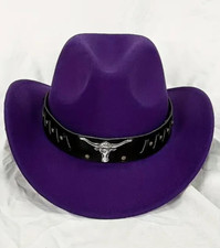 Purple Western Cowboy Cowgirl Hat for Men Women Black Bull Strap Retro Felt
